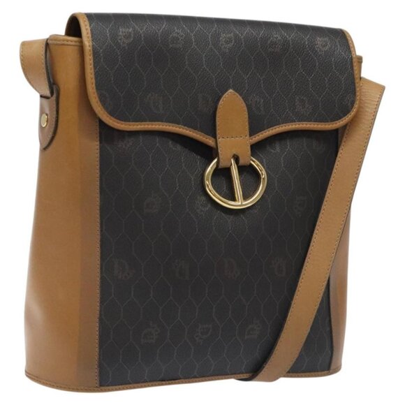 Christian Dior Honeycomb Canvas Shoulder Bag PVC Leather Black gold Auth BA1644 - Picture 1 of 16
